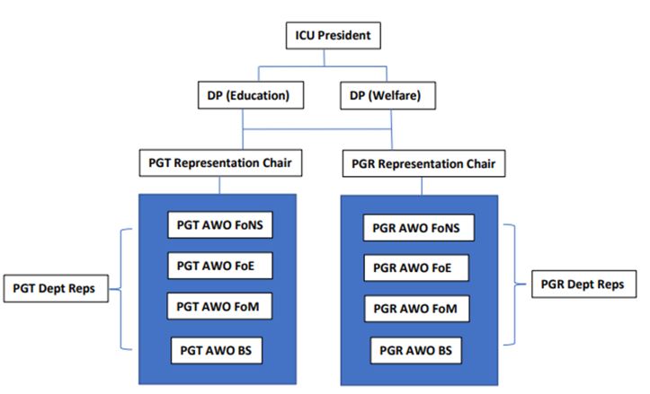 This is a diagram of the Postgraduate Representation Structure. It has the ICU President at the top and the Deputy President Education and Deputy President Welfare in two branches underneath. The diagram then branches into the Postgraduate Representation Taught and Research Chairs underneath, with the Academic and Welfare Officers for each Faculty underneath them, followed by the Department Reps for each Faculty.