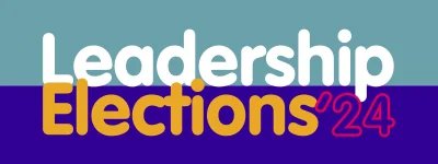 Leadership Elections '24 written in sans serif text with curved edges. The background colours are teal and violet.