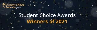Dark background with sparkles, Student Academic Awards 2021 logo, title: Student Choice Awards, winners of 2021